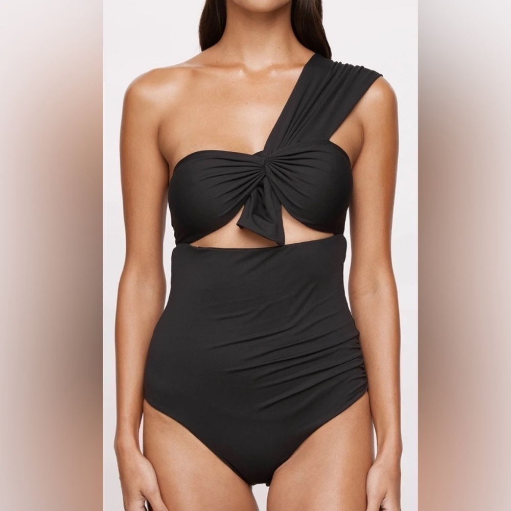 MARYSIA VENICE MAILLOT IN BLACK XS ONE SHOULDER BLACK RUFFLE BOW SWIM SUIT XS